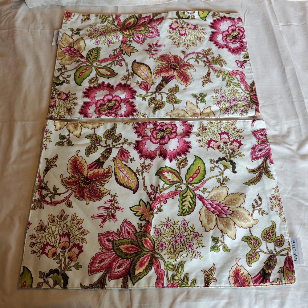Waverly Reversible Floral Striped Placemats Set of 2 Pink Green Gold Cotton